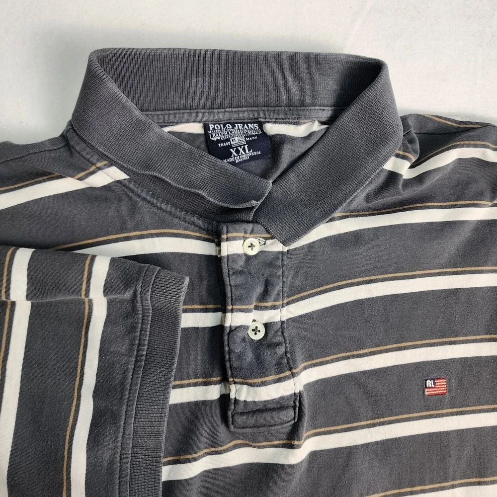 Polo Jeans Co Striped Polo Shirt Mens XXL Grey Vintage 90s Streetwear Golf Retro - Picture 5 of 10